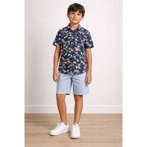 EDDIE BAUER Boys Hawaiian Shirt 8 Blue Floral Palm Short Sleeve Button Up